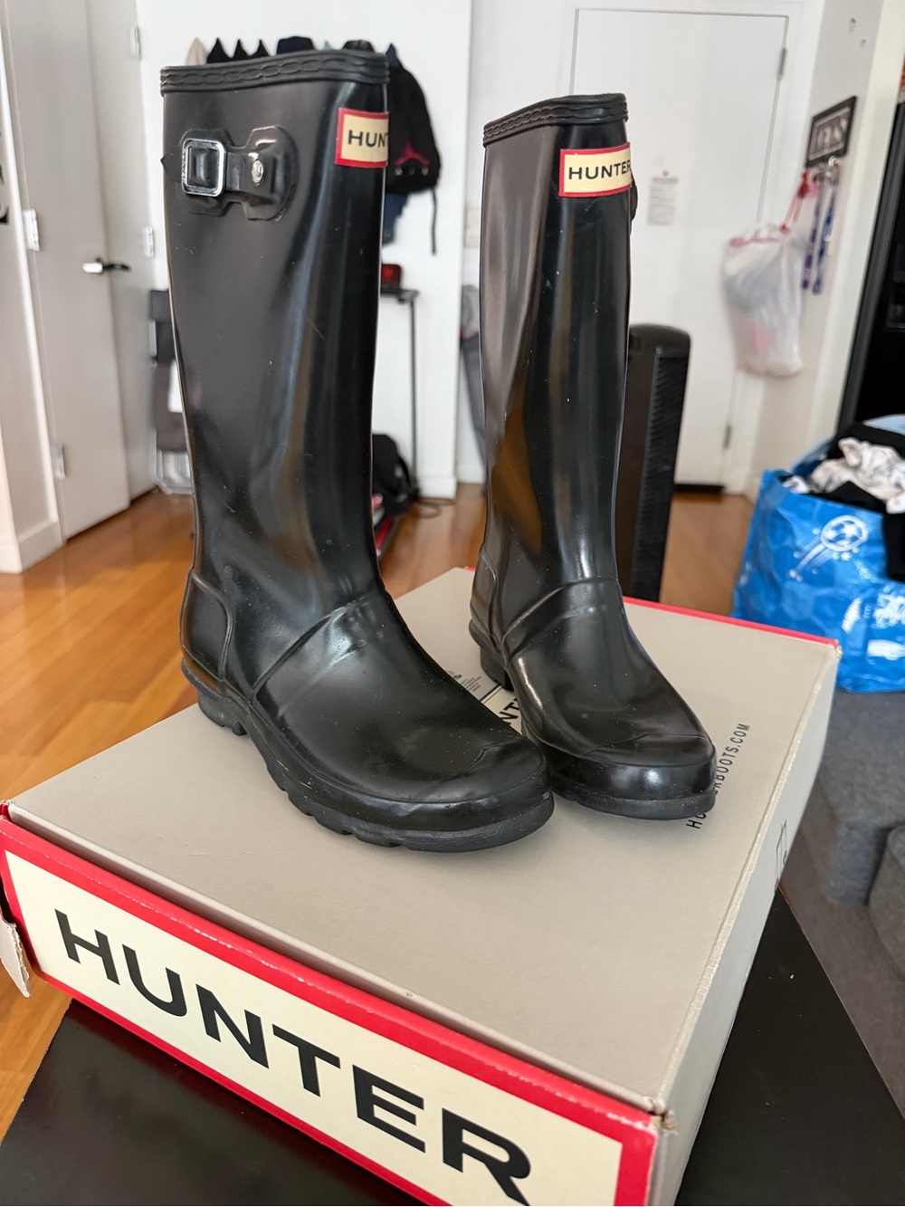 Hunter Gloss Black Tall Rain Boots with Logo Panel